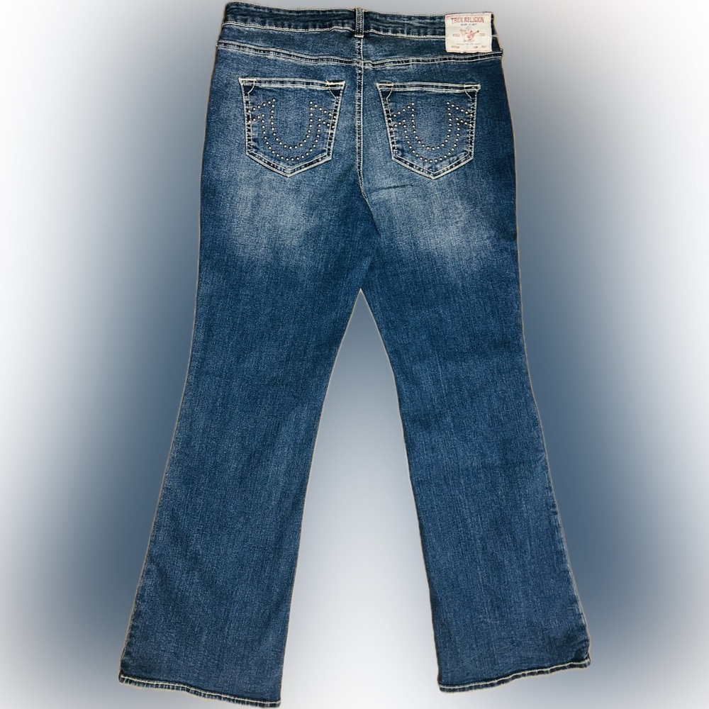 NWT True Religion SZ 32 Blue denim 5-pocket bootcut w/gold studs/waist 34”-38” - Picture 4 of 10